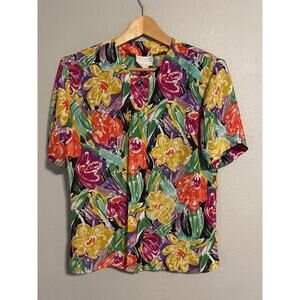 Vintage Tess Shirt Womens 6 Multicolor Floral Short Sleeve Button Up 90s Blouse